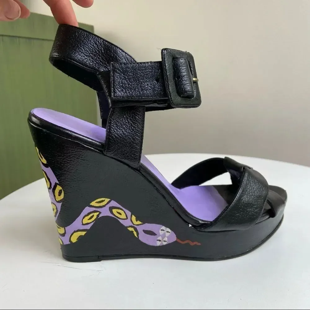 Hand Painted Nine West Platform Wedge Pumps Featuring Snake Motif One of a Kind